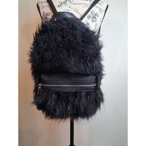 Call It Spring Black Faux Fur Mini Backpack Shaggy Vegan Leather Gold Hardware